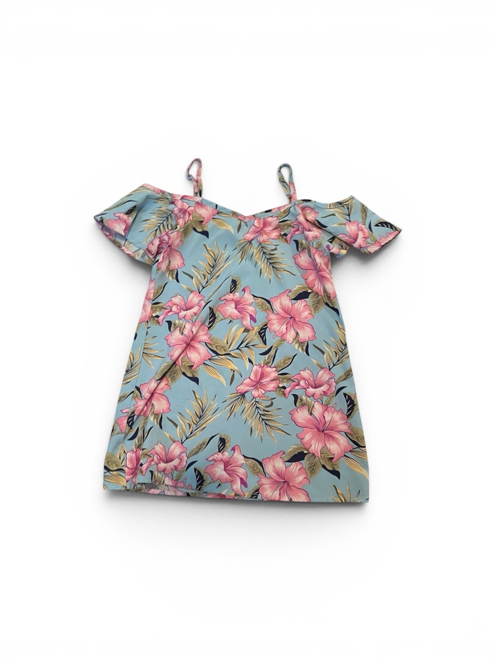 Blue Tropical Off-Shoulder Floral Dress with Pink Hibiscus girls size 6